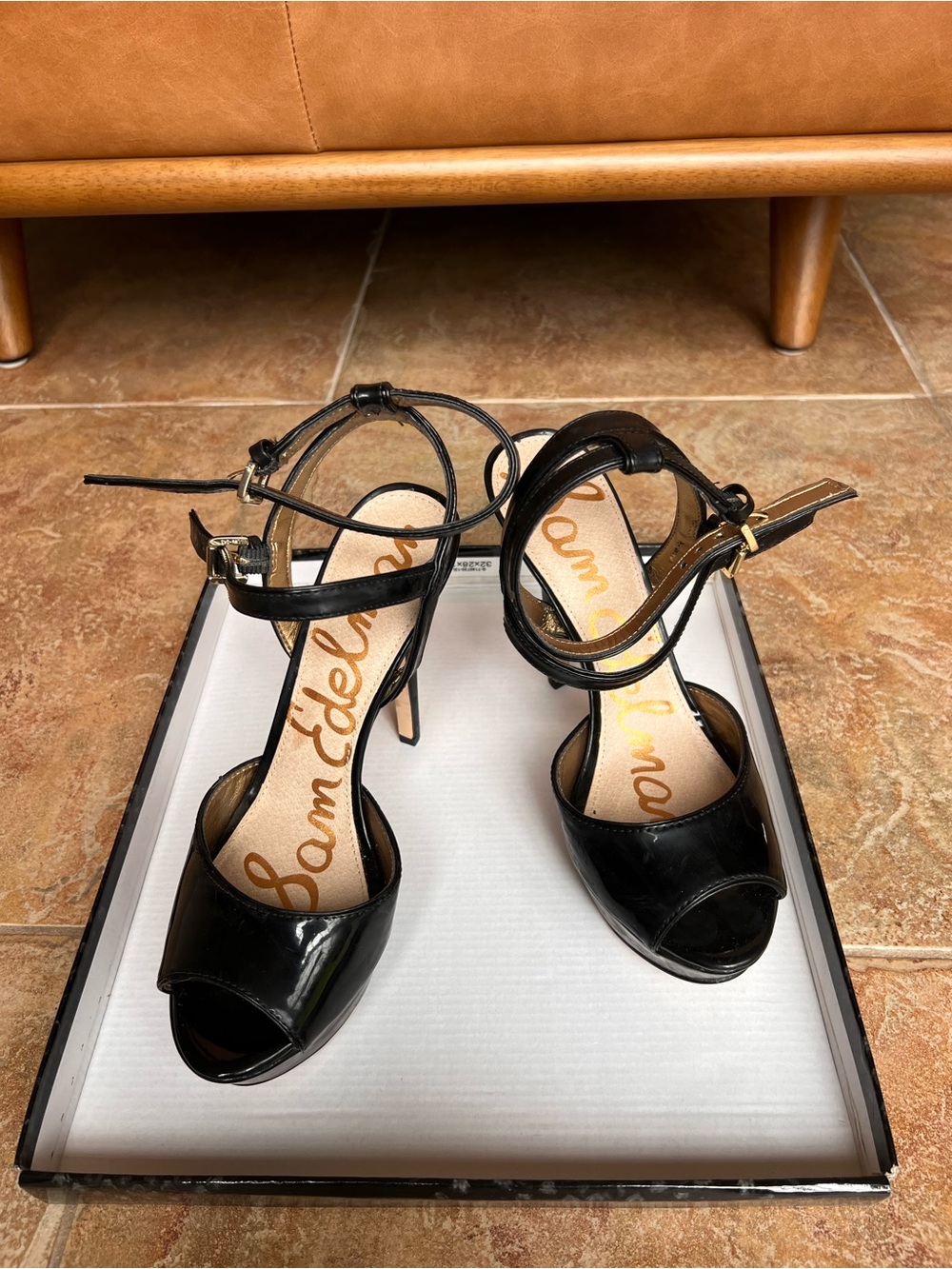 Sam Edelman Black Patent Ankle-Strap Peep-Toe Heels